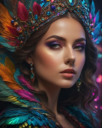 feather headdress,fairy peacock,fantasy portrait,fantasy art,headdress,feather jewelry,color feathers,faery,boho art,peacock,fairy queen,fantasy picture,mystical portrait of a girl,masquerade,faerie,world digital painting,indian headdress,colorful background,fantasy woman,colorful foil background,Photography,General,Fantasy