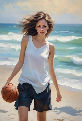 beach basketball,woman's basketball,basketball player,girl on the dune,sports girl,beach sports,basketball,outdoor basketball,oil painting,girl in a long,woman playing,little girl in wind,girl portrait,beach background,oil painting on canvas,women's basketball,sprint woman,young woman,basket,streetball,Digital Art,Impressionism