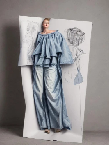 fashion design,fashion illustration,silvery blue,paper art,display dummy,art model,silver blue,drape,mazarine blue,bed sheet,folded paper,denim fabric,girl in cloth,angel figure,the angel with the veronica veil,tilda,baroque angel,costume design,swaddle,weeping angel,Common,Common,Natural