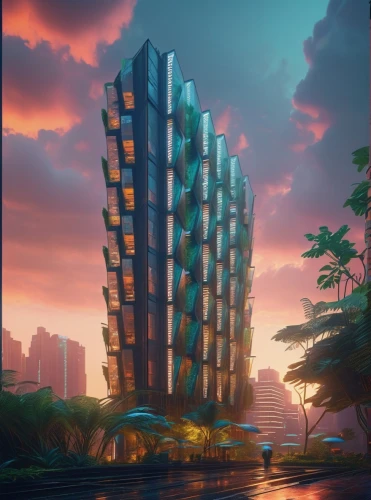 futuristic landscape,futuristic architecture,skyscraper,apartment block,sky apartment,the skyscraper,diamond lagoon,hotel riviera,tropical house,residential tower,honolulu,high-rise building,apartment building,aqua studio,high rise,apartment blocks,artificial island,highrise,high rises,high-rise,Photography,General,Sci-Fi