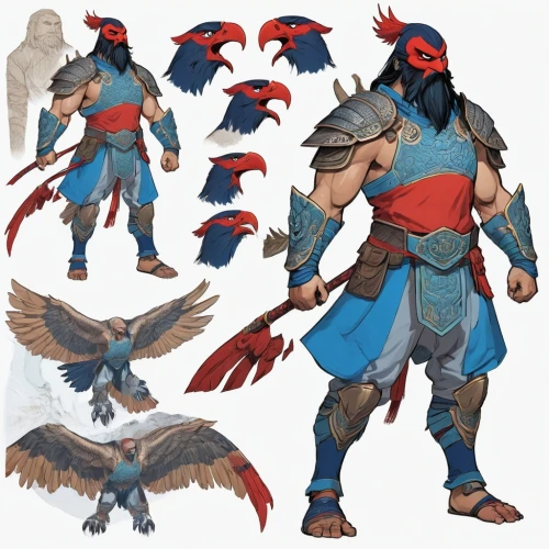 male character,concept art,wind warrior,vax figure,mergus,barbarian,fantasy warrior,dane axe,male mask killer,garuda,gryphon,aesulapian staff,falconer,comic character,blue macaw,couple macaw,grog,birds of the sea,sea hawk,bard,Unique,Design,Character Design