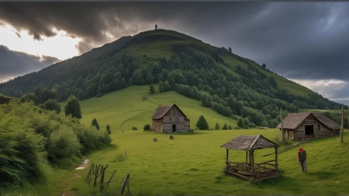 carpathians,mountain settlement,landscape background,mountain village,alpine pastures,house in mountains,home landscape,mountain pasture,mountain hut,mountain scene,mountain huts,alpine village,house in the mountains,bucovina romania,lonely house,transylvania,bucovina,carpathian bells,background view nature,wooden houses,Photography,General,Realistic