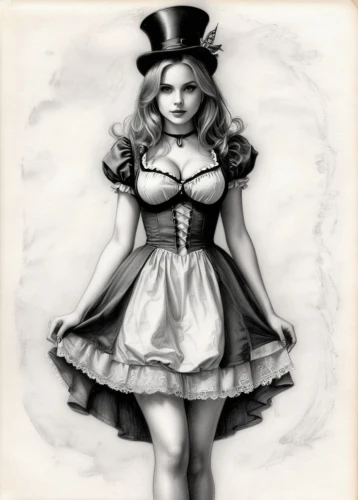 alice in wonderland,alice,ringmaster,crinoline,queen of hearts,victorian lady,hatter,maid,steampunk,marionette,fairy tale character,overskirt,joint dolls,waitress,barmaid,tumbling doll,cloth doll,the sea maid,wonderland,valentine pin up,Illustration,Black and White,Black and White 30