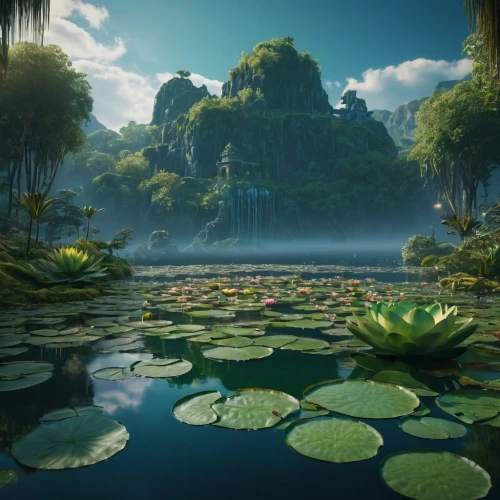 lotus pond,lily pond,lily pads,floating islands,lagoon,lilly pond,underwater oasis,water lotus,lotus on pond,swamp,lily pad,pond,lotuses,garden pond,nymphaea,giant water lily,water lilies,fantasy landscape,alligator lake,floating island,Photography,General,Fantasy