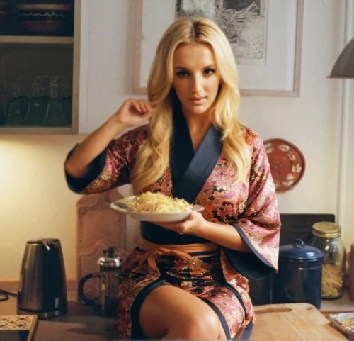 queen of puddings,diet icon,kimono,housewife,southern cooking,quinoa,kim,rice pudding,chicken rice,annemone,girl in the kitchen,domestic,blonde woman,ramen,havana brown,girl with cereal bowl,shrimp risotto,jasmine rice,cooking show,kimonos