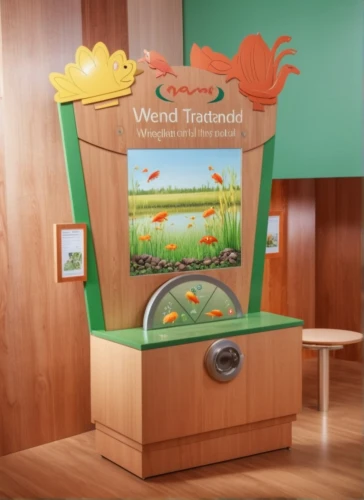 interactive kiosk,wooden mockup,compost,coin drop machine,seed stand,automated teller machine,kids cash register,payment terminal,waste container,wooden signboard,world clock,a museum exhibit,product display,wooden cart,toy cash register,recycling world,wooden flower pot,wood chips,terracotta flower pot,wooden toy,Photography,General,Realistic