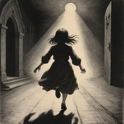 girl walking away,woman silhouette,little girl in wind,ghost girl,in a shadow,woman walking,mystical portrait of a girl,charcoal drawing,the girl in nightie,dark art,apparition,pilgrim,in the shadows,little girl running,the pied piper of hamelin,the little girl,shadow,sci fiction illustration,silhouette art,long shadow,Illustration,Black and White,Black and White 23