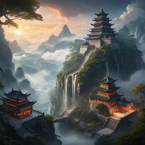 fantasy landscape,chinese temple,chinese architecture,chinese art,asian architecture,forbidden palace,tigers nest,yunnan,chinese background,world digital painting,ancient city,hall of supreme harmony,chinese clouds,fantasy picture,guizhou,huangshan maofeng,landscape background,hanging temple,south korea,mountainous landscape,Photography,General,Fantasy