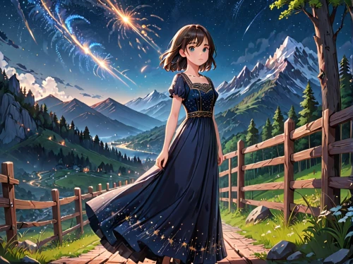 girl in a long dress,fantasy picture,starry sky,landscape background,country dress,fairy galaxy,moon and star background,long dress,cg artwork,celestial event,fantasy portrait,fairy world,mountain scene,magical,forest background,farm background,cosmos wind,fairy tale character,falling stars,falling star,Anime,Anime,General