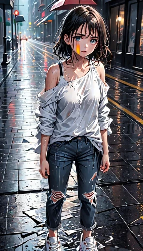 walking in the rain,girl walking away,cyberpunk,in the rain,anime japanese clothing,pedestrian,world digital painting,rain pants,anime 3d,anime girl,a pedestrian,cd cover,girl with speech bubble,woman walking,streampunk,street artist,sci fiction illustration,the girl at the station,rainy,image manipulation,Anime,Anime,General