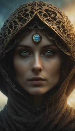 warrior woman,sorceress,fantasy portrait,women's eyes,priestess,mystical portrait of a girl,female warrior,heroic fantasy,the enchantress,the blue eye,elven,fantasy art,head woman,fantasy woman,cloak,celtic queen,violet head elf,games of light,regard,jaya,Photography,General,Cinematic