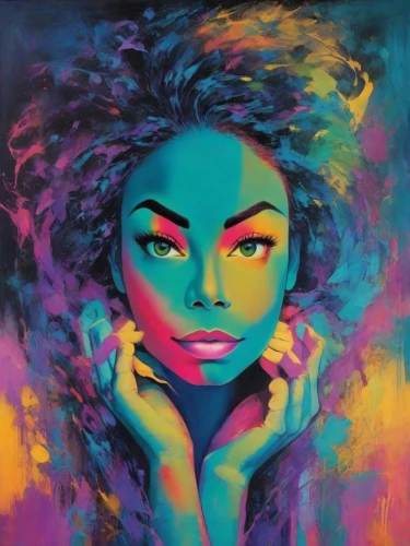 neon body painting,psychedelic art,oil painting on canvas,art painting,painting technique,boho art,woman face,colorful background,vibrant,vibrant color,woman's face,young woman,intense colours,graffiti art,mystical portrait of a girl,neon colors,ultraviolet,woman thinking,girl portrait,artist