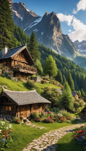 alpine village,house in mountains,house in the mountains,mountain huts,mountain settlement,the cabin in the mountains,mountain village,the alps,alpine region,home landscape,mountain scene,alpine pastures,alps,swiss alps,mountain landscape,landscape background,mountain hut,high alps,mountain valley,alpine meadow,Photography,General,Realistic