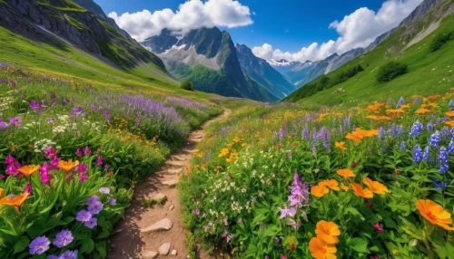 the valley of flowers,alpine meadow,alpine flowers,mountain meadow,bernese alps,field of flowers,flower field,splendor of flowers,flower meadow,landscape mountains alps,meadow landscape,high alps,wildflowers,alpine meadows,nature landscape,beautiful landscape,hiking path,blanket of flowers,alps,swiss alps,Photography,General,Realistic