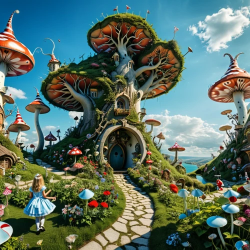 mushroom landscape,fairy world,alice in wonderland,mushroom island,wonderland,fairy village,fairy forest,3d fantasy,fantasy world,cartoon forest,enchanted forest,fantasy city,tomorrowland,fairytale forest,fantasy landscape,scandia gnomes,fairy house,dream world,garden of eden,fairy chimney,Photography,General,Realistic