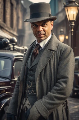 sherlock holmes,holmes,cordwainer,detective,austin cambridge,fedora,gentlemanly,al capone,coachman,black businessman,bowler hat,the victorian era,frock coat,stovepipe hat,trilby,downton abbey,inspector,sherlock,barrister,men hat,Photography,Realistic