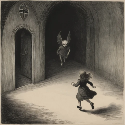 little girl running,children's fairy tale,the pied piper of hamelin,flying girl,hare trail,book illustration,gray hare,krampus,child fairy,little girl in wind,fairies aloft,fox and hare,threshold,run away,ghost girl,fairy tales,white rabbit,the threshold of the house,alice,to run,Illustration,Black and White,Black and White 23