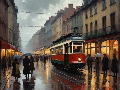 the lisbon tram,tram,street car,tramway,streetcar,watercolor paris,man with umbrella,oil painting on canvas,oil painting,cablecar,trolley,lisbon,cable car,trolley train,tram road,italian painter,bora french,trolley bus,universal exhibition of paris,cable cars,Conceptual Art,Oil color,Oil Color 11