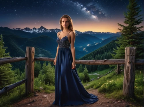 girl in a long dress,fantasy picture,celtic woman,fantasy art,world digital painting,photo manipulation,fantasy portrait,photoshop manipulation,romantic portrait,evening dress,image manipulation,digital compositing,landscape background,photomanipulation,long dress,starry night,blue enchantress,starry sky,blue dress,mystical portrait of a girl,Photography,General,Realistic