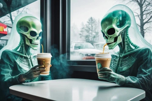 halloween coffee,skeletons,hot drinks,hot beverages,green icecream skull,frozen drink,drinking coffee,skeleltt,hot drink,coffee break,cold drink,frappé coffee,supermarket chiller,cups of coffee,halloween ghosts,caffeine,coffee shop,coffee background,hot coffee,iced coffee,Photography,Artistic Photography,Artistic Photography 07