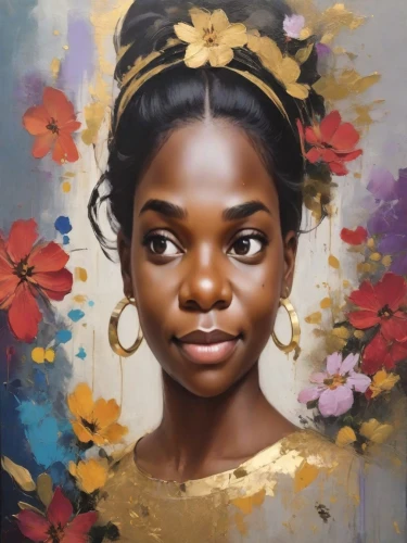 oil painting on canvas,oil on canvas,oil painting,portrait of a girl,girl portrait,girl in a wreath,girl in flowers,mystical portrait of a girl,african woman,maria bayo,flower painting,benin,young woman,art painting,artist portrait,woman portrait,fantasy portrait,african american woman,oil paint,african art,Photography,Cinematic