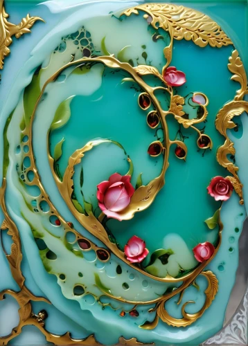 water lily plate,enamelled,decorative plate,abalone,circular ornament,glass painting,art nouveau frame,art nouveau frames,circle shape frame,art nouveau design,art nouveau,semi precious stone,frame ornaments,diadem,agate,shashed glass,chinese art,gemstones,decorative frame,malachite,Photography,General,Realistic