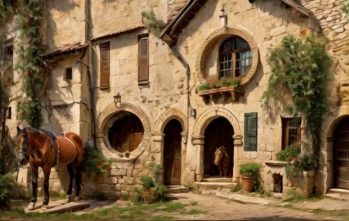 horse stable,stables,medieval street,medieval architecture,riding school,church painting,medieval market,volterra,medieval town,village scene,horse barn,caravanserai,knight village,medieval,stone houses,castle iron market,ancient house,equestrian center,street scene,tuscan