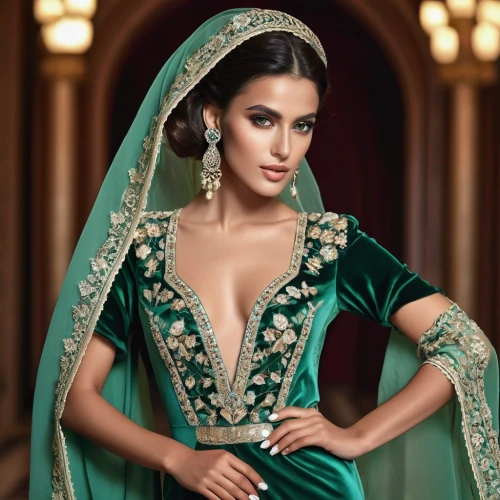 indian bride,bollywood,bridal jewelry,persian,in green,bridal clothing,east indian,indian,evening dress,emerald,sari,dark green,indian celebrity,abaya,green dress,miss circassian,ball gown,raw silk,indian woman,bridal dress,Photography,General,Realistic