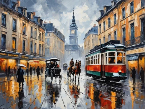 watercolor paris,oil painting on canvas,brussels belgium,man with umbrella,tram,street car,oil painting,art painting,the lisbon tram,saintpetersburg,paris,city scape,saint petersburg,st petersburg,cityscape,italian painter,de ville,torino,montmartre,streetcar,Conceptual Art,Oil color,Oil Color 24