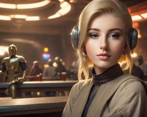 headphone,wireless headset,headphones,headset,c-3po,wireless headphones,princess leia,droids,music player,listening to music,droid,headsets,audio player,audiophile,retro girl,head phones,blonde woman,girl at the computer,earphones,telephone operator,Photography,Realistic