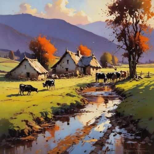 rural landscape,farm landscape,autumn landscape,fall landscape,home landscape,countryside,pasture,village life,landscape background,one autumn afternoon,cows on pasture,autumn idyll,autumn morning,farm background,rural,village scene,river landscape,meadow landscape,autumn scenery,landscape,Conceptual Art,Oil color,Oil Color 09