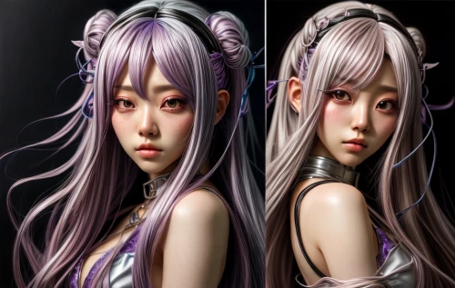 anime 3d,violet head elf,3d fantasy,3d rendered,fractalius,japanese doll,artist doll,light purple,porcelain dolls,pale purple,doll's facial features,mirror image,the japanese doll,retouch,cosmetic,patchouli,oriental longhair,color is changable in ps,portrait background,world digital painting