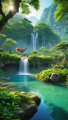 cartoon video game background,landscape background,frog background,fantasy landscape,green waterfall,underwater oasis,full hd wallpaper,koi pond,forest background,mountain spring,background view nature,children's background,waterfalls,waterfall,fairy world,forest landscape,water scape,background screen,3d background,the natural scenery,Photography,General,Realistic