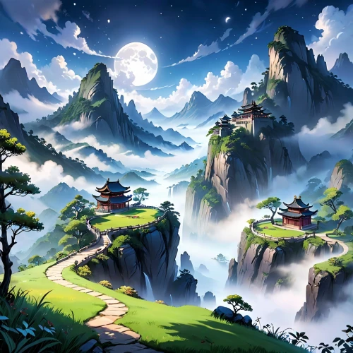 fantasy landscape,mountain landscape,mountain scene,mountainous landscape,landscape background,meteora,mountain world,mountain village,high landscape,mountain settlement,mount scenery,mountain valley,mushroom landscape,mountainside,world digital painting,alpine village,high mountains,mountains,the landscape of the mountains,cartoon video game background,Anime,Anime,Cartoon