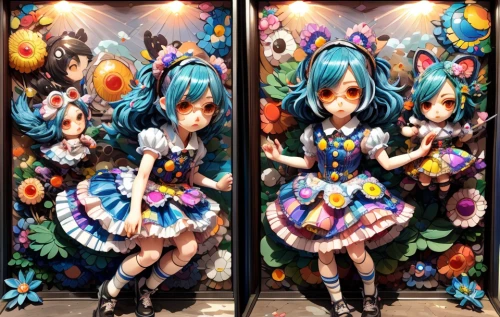 doll kitchen,doll's festival,hatsune miku,naginatajutsu,vocaloid,apple pair,doll looking in mirror,harajuku,butterfly dolls,christmas dolls,magic mirror,mirror image,mirror house,costumes,flower booth,myosotis,twin flowers,door,china cabinet,candies