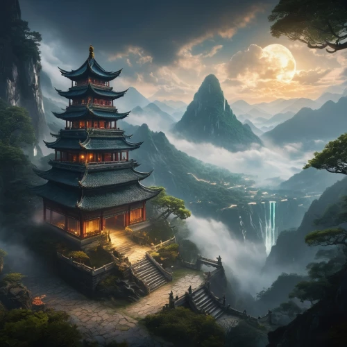 fantasy landscape,chinese temple,asian architecture,japan landscape,chinese background,world digital painting,chinese architecture,landscape background,oriental,yunnan,ancient city,mountain scene,chinese art,japanese background,mountain landscape,tsukemono,fantasy picture,forbidden palace,mountainous landscape,tigers nest,Photography,General,Fantasy