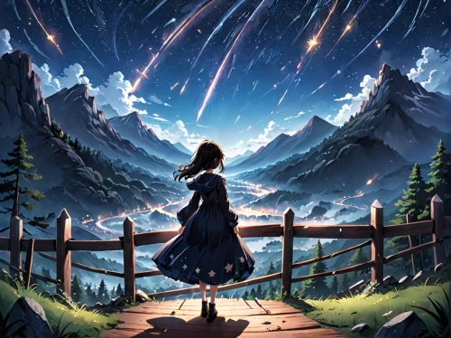 falling stars,falling star,starry sky,star winds,star sky,rainbow and stars,meteor,the night sky,cosmos wind,aurora,starscape,fairy galaxy,the stars,night sky,starry night,moon and star background,meteor shower,starlight,dream world,fantasy picture,Anime,Anime,Realistic