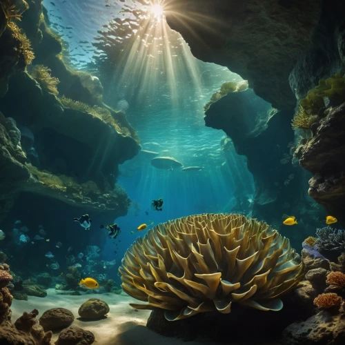 underwater landscape,ocean underwater,sea life underwater,underwater background,coral reef,anemone fish,coral reefs,underwater world,yellow anemone,underwater oasis,undersea,sea cave,the bottom of the sea,ocean floor,anemone of the seas,marine life,stony coral,under the sea,large anemone,coral guardian,Photography,General,Cinematic