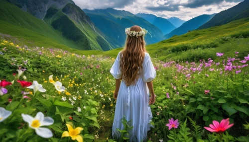 the valley of flowers,field of flowers,girl in flowers,splendor of flowers,beauty in nature,flower field,alpine meadow,lilly of the valley,beautiful girl with flowers,sea of flowers,fantasy picture,meadow,flower meadow,mountain meadow,alpine flowers,meadow landscape,flowering meadow,wildflowers,girl picking flowers,flowers field,Photography,General,Realistic
