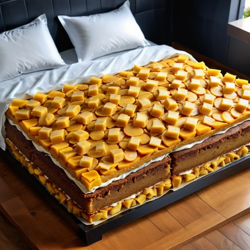 sheet cake,mattress,inflatable mattress,blocks of cheese,macaroni casserole,duvet cover,waterbed,mille-feuille,bedding,cheese cubes,bed skirt,air mattress,liege waffle,stack of cheeses,caramel shortbread,macaroni and cheese,mandarin cake,bed linen,bed sheet,bed in the cornfield,Photography,General,Realistic