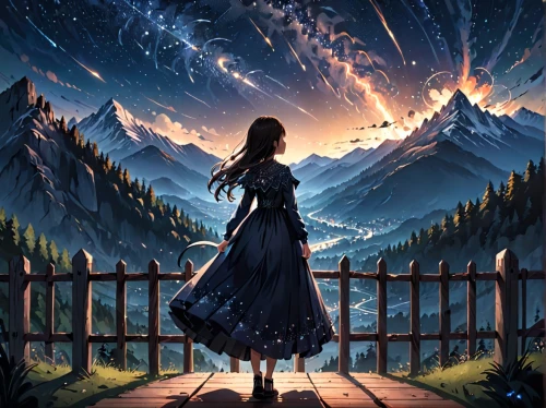 falling stars,falling star,fantasy picture,the night sky,star winds,starry sky,landscape background,starry night,night sky,girl in a long dress,the spirit of the mountains,cosmos wind,star sky,fantasia,aurora,celestial,moon and star background,celestial event,starlight,cg artwork,Anime,Anime,General