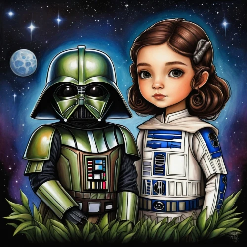 starwars,cg artwork,star wars,custom portrait,r2-d2,r2d2,droids,edit icon,princess leia,father and daughter,little boy and girl,force,children's background,droid,rots,bb8-droid,imperial,romantic portrait,baby icons,father daughter,Conceptual Art,Daily,Daily 34