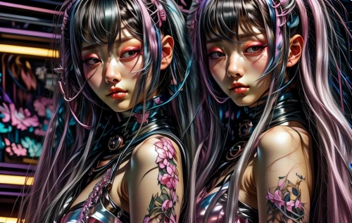 amano,meridians,twin flowers,gemini,neon body painting,mirror image,cluster-lilies,geisha,cyberspace,psychedelic art,sirens,digiart,fractalius,two girls,parallel worlds,japanese art,bodypaint,asian vision,cyberpunk,biomechanical