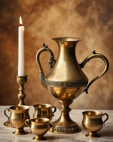 golden candlestick,tea set,candlestick for three candles,tea service,gold chalice,samovar,oil lamp,candlemaker,arabic coffee,chalice,candlesticks,tea candles,still life photography,tea candle,antique singing bowls,tealight,funeral urns,goblet,shabbat candles,tableware,Photography,General,Realistic