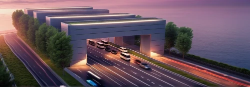 3d rendering,highway roundabout,futuristic art museum,multi storey car park,automotive navigation system,render,drive-in theater,wall tunnel,transport hub,cargo port,moveable bridge,canal tunnel,highway bridge,inland port,city highway,container terminal,coastal road,futuristic architecture,sewage treatment plant,office building,Photography,General,Realistic