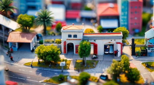 tilt shift,miniature house,small towns,christmas town,resort town,gas-station,townscape,minimarket,shopping center,shopping street,gas station,seaside resort,electric gas station,tiny world,store fronts,fast food restaurant,miniature,city corner,model house,toy store