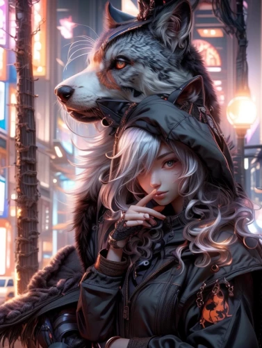 wolf couple,two wolves,kitsune,masquerade,wolves,fantasy portrait,wolf,a200,furta,shinjuku,crow queen,would a background,cyberpunk,constellation wolf,fantasy picture,fox,fantasy art,foxes,howl,city ​​portrait