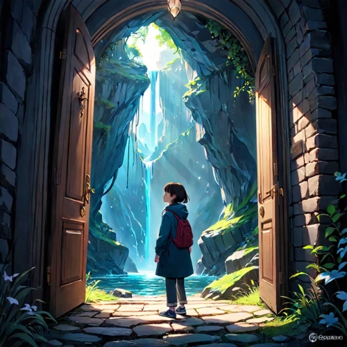 chasm,studio ghibli,wishing well,magical adventure,adventure game,fairy door,the threshold of the house,gateway,heaven gate,threshold,exploration,window to the world,the door,dream world,children's background,enchanted,dandelion hall,blue door,open door,wander,Anime,Anime,General