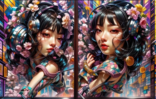 chinese art,floral japanese,japanese floral background,japanese art,oriental girl,amano,falling flowers,geisha girl,kaleidoscope art,twin flowers,oriental painting,girl in flowers,kiss flowers,artist doll,geisha,cluster-lilies,flower painting,shirakami-sanchi,kahila garland-lily,mirror image