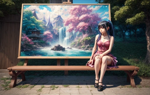 japanese art,photo painting,meticulous painting,oriental painting,girl sitting,art painting,gravure idol,flower painting,easel,fantasy picture,photo manipulation,fantasy art,painter,painter doll,photomanipulation,3d fantasy,japanese floral background,woman sitting,painting,digital compositing